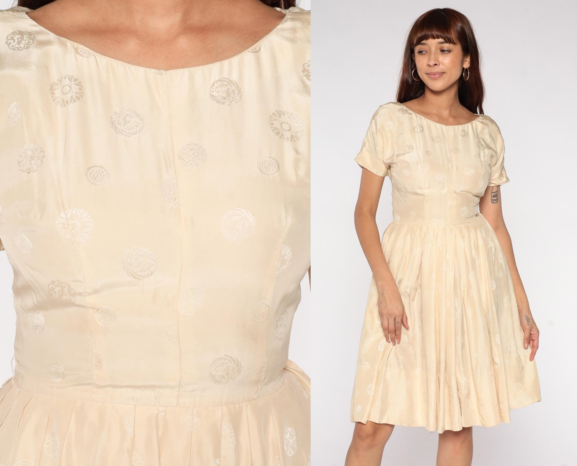 60s Cream Embroidered Floral Dress Short Sleeve Fit Flare Midi Extra Small XS