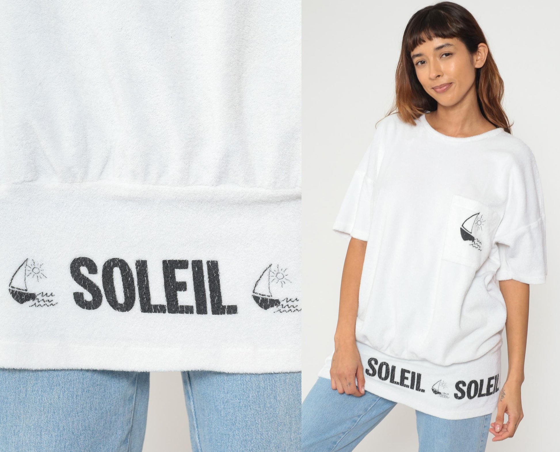 80s Soleil Sailboat Terrycloth Tee White Graphic Short Sleeve Medium M