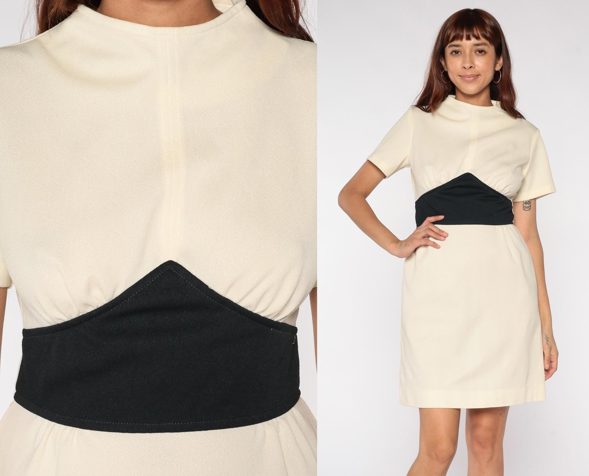 60s Mod Mini Dress Ivory Black Colorblock Shift High Neck Medium M