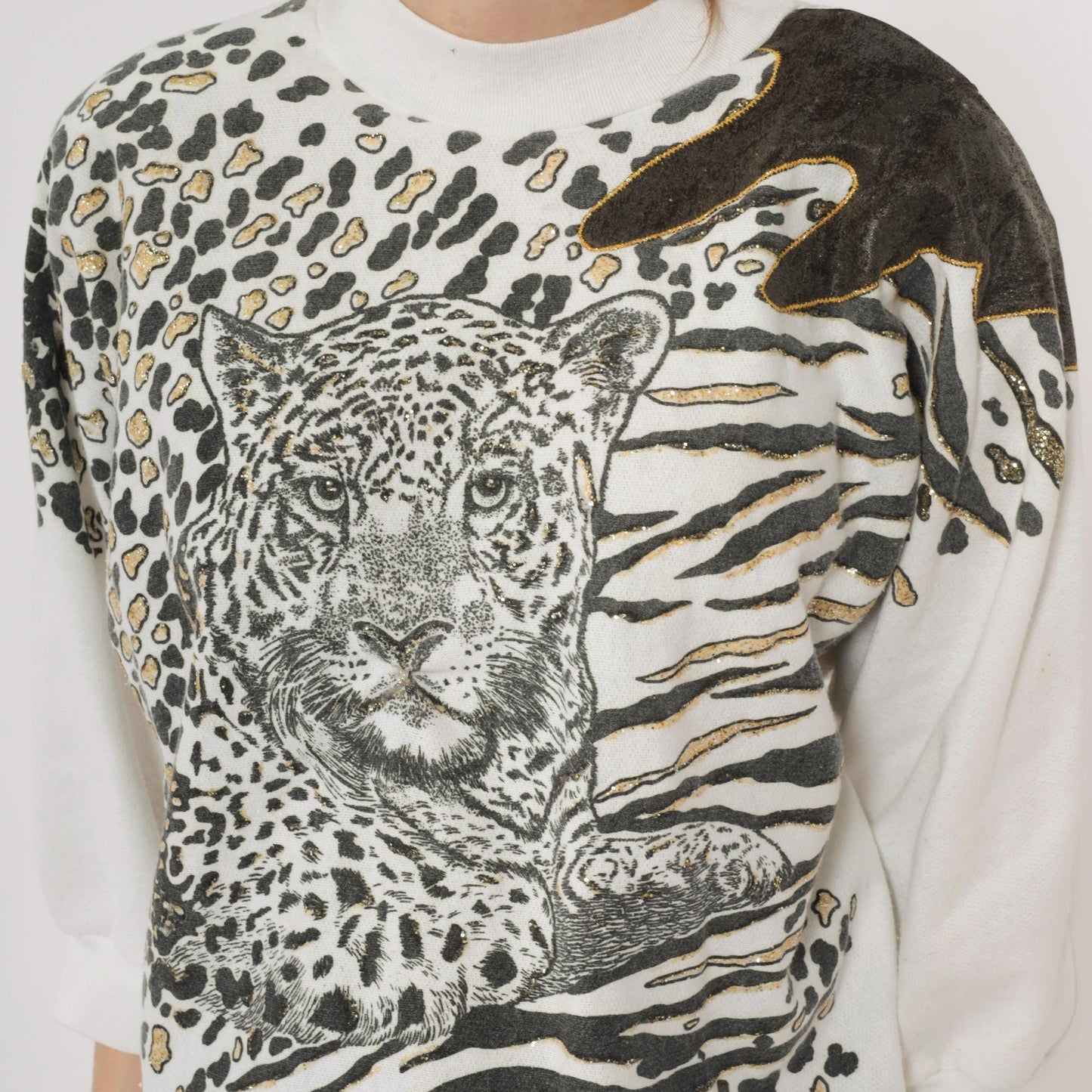 90s Leopard Animal Print Sweatshirt Gold Glitter Crewneck Cotton Large L