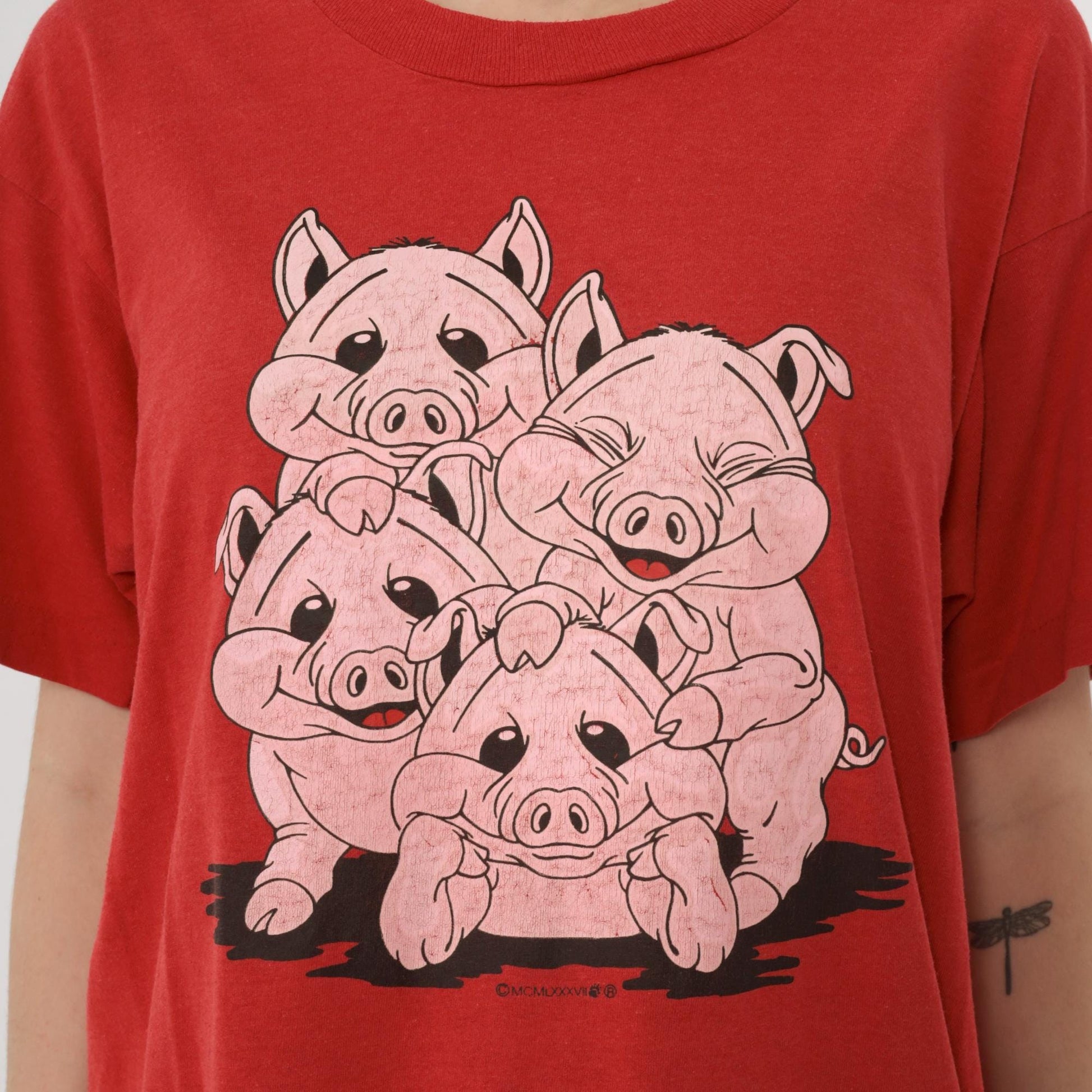 90s Screen Stars Piggies Graphic Tee Red Cartoon Pigs Cotton Large L