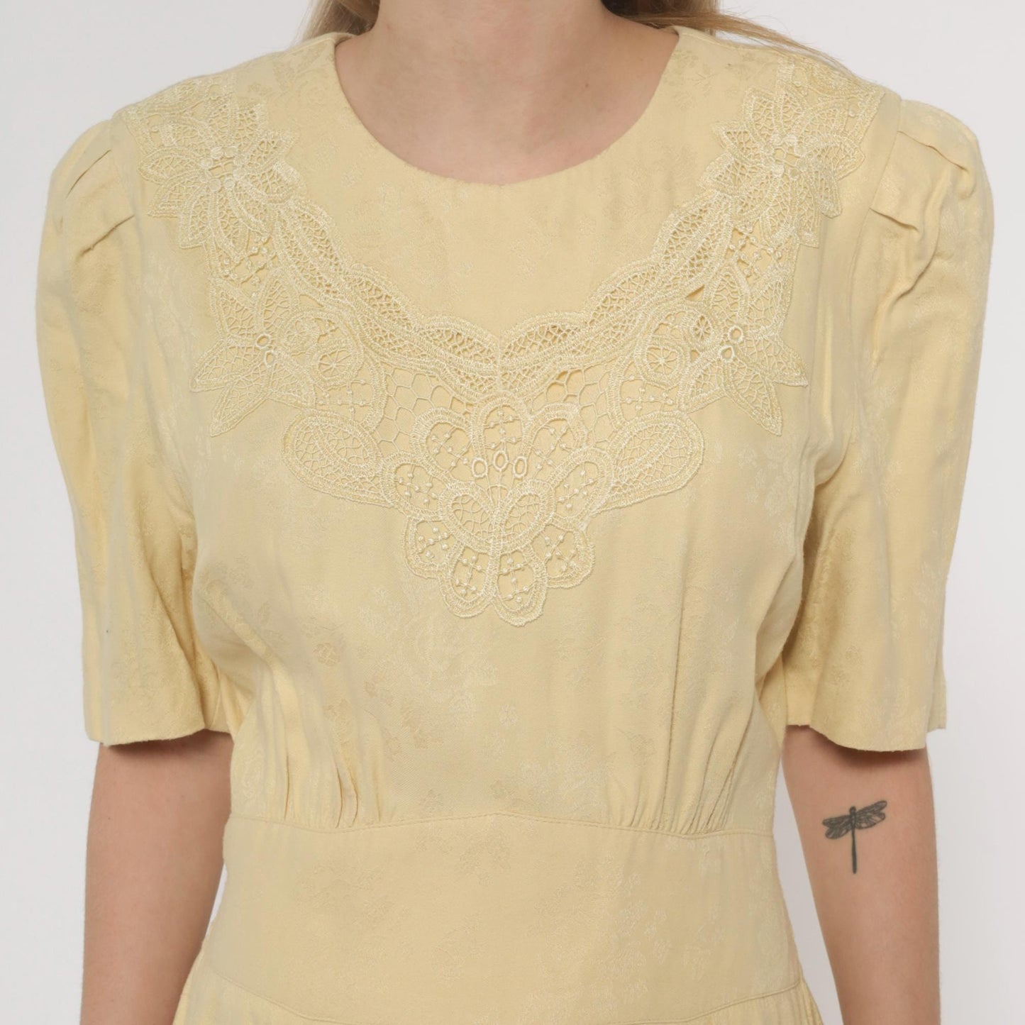 90s Karin Stevens Yellow Maxi Dress Embroidered Lace Smocked Waist Small