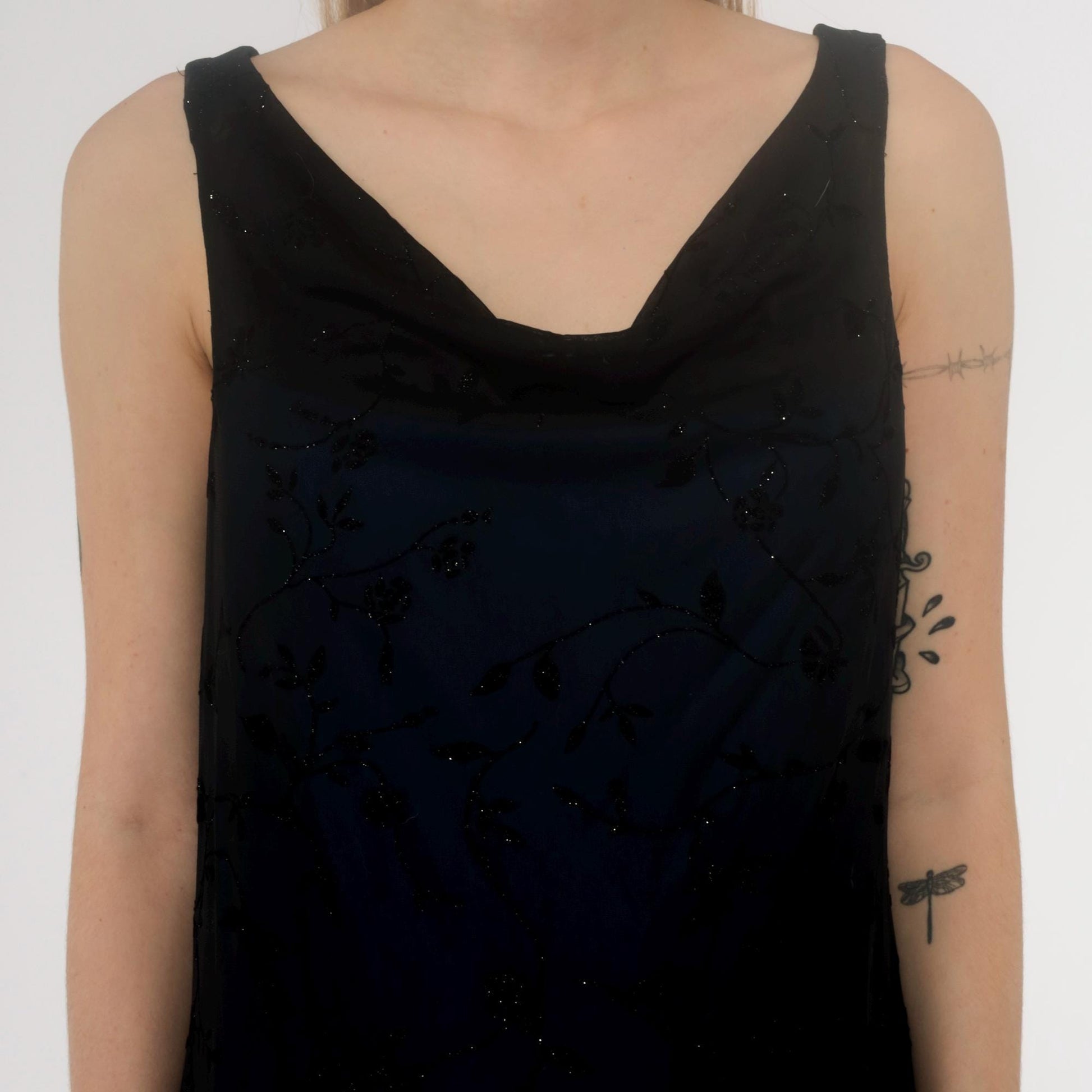Y2K Black Slip Dress Sparkle Floral Cutout Back Strappy Large L