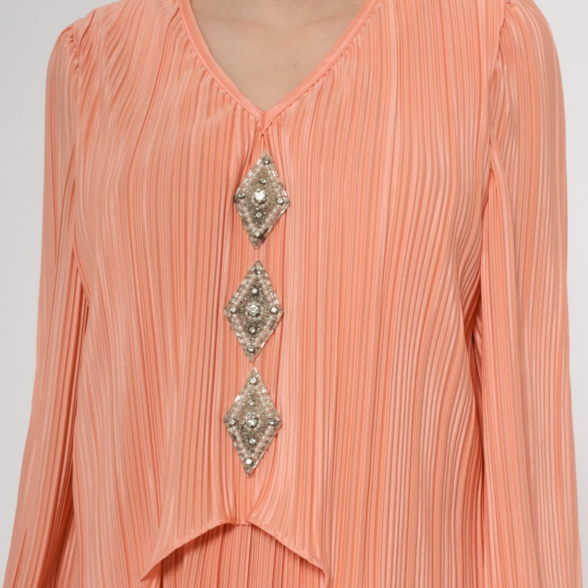 80s Carriage Court Peach Rhinestone Midi Dress Long Sleeve Pleated Large