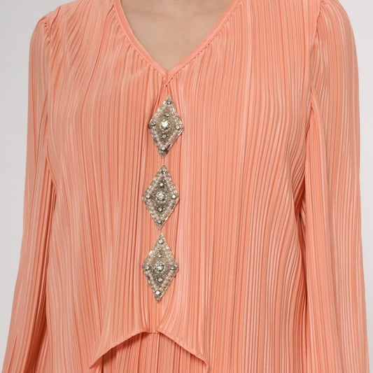80s Carriage Court Peach Rhinestone Midi Dress Long Sleeve Pleated Large