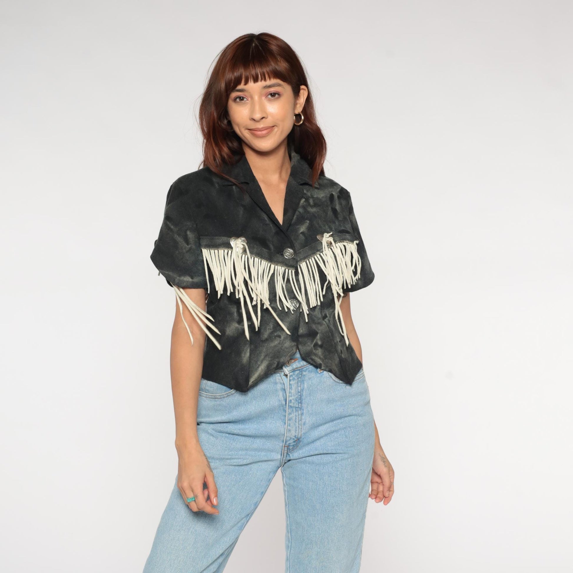 90s Western Fringe Blazer Black Camo Suede Cropped Jacket Small S