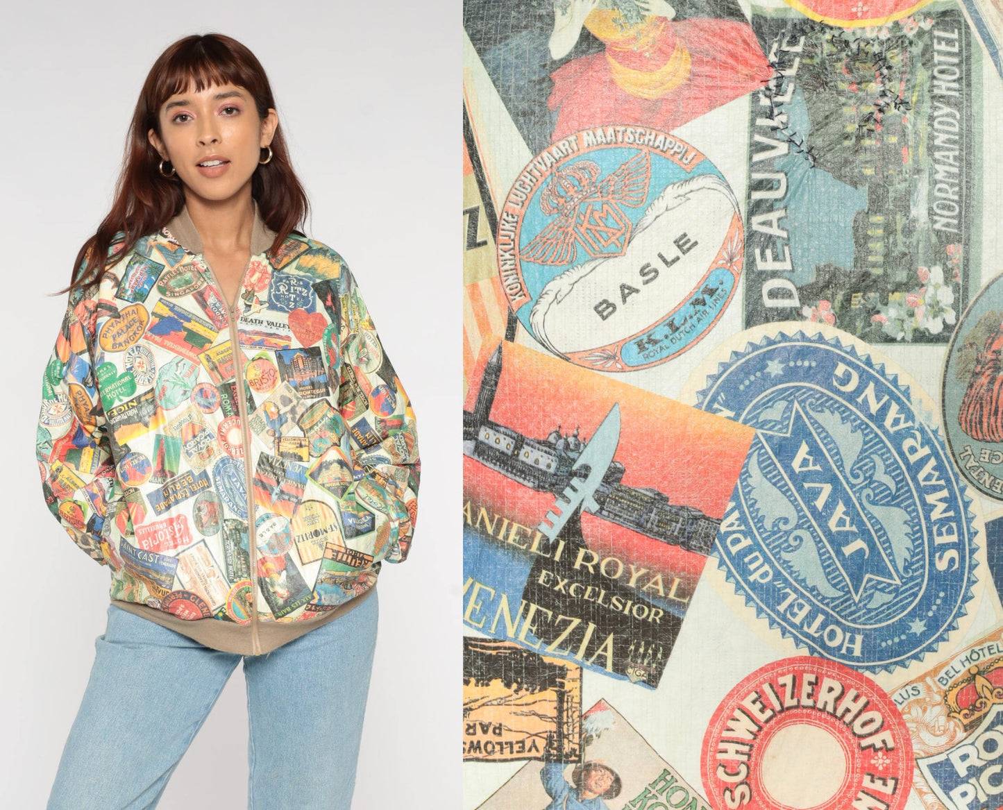 90s Travel Hotel Label Bomber Jacket Multicolor Graphic Medium Large