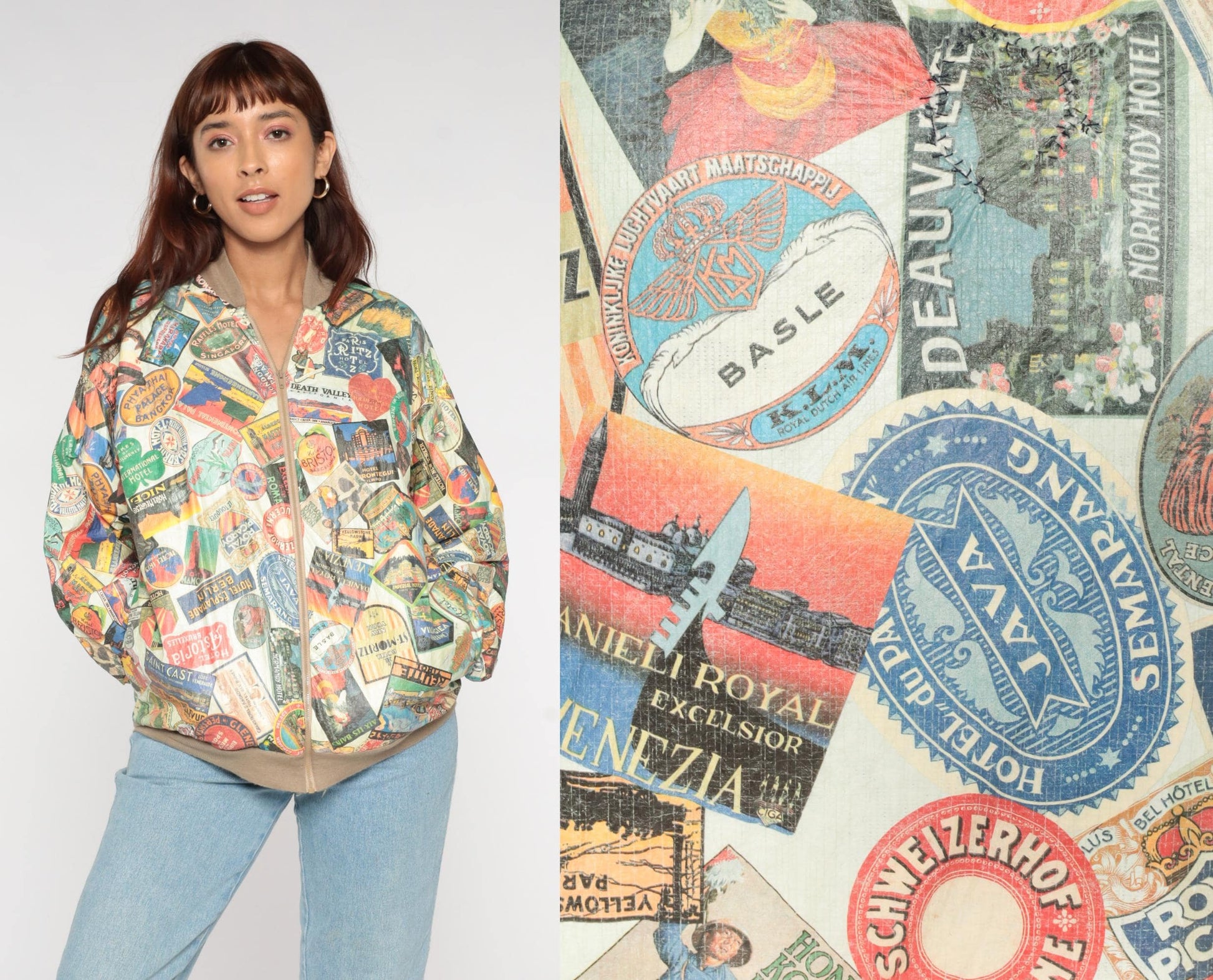 90s Travel Hotel Label Bomber Jacket Multicolor Graphic Medium Large