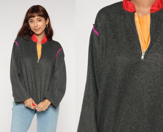 90s Jacques Moret Colorblock Fleece Pullover Grey Red Pink Quarter Zip Small