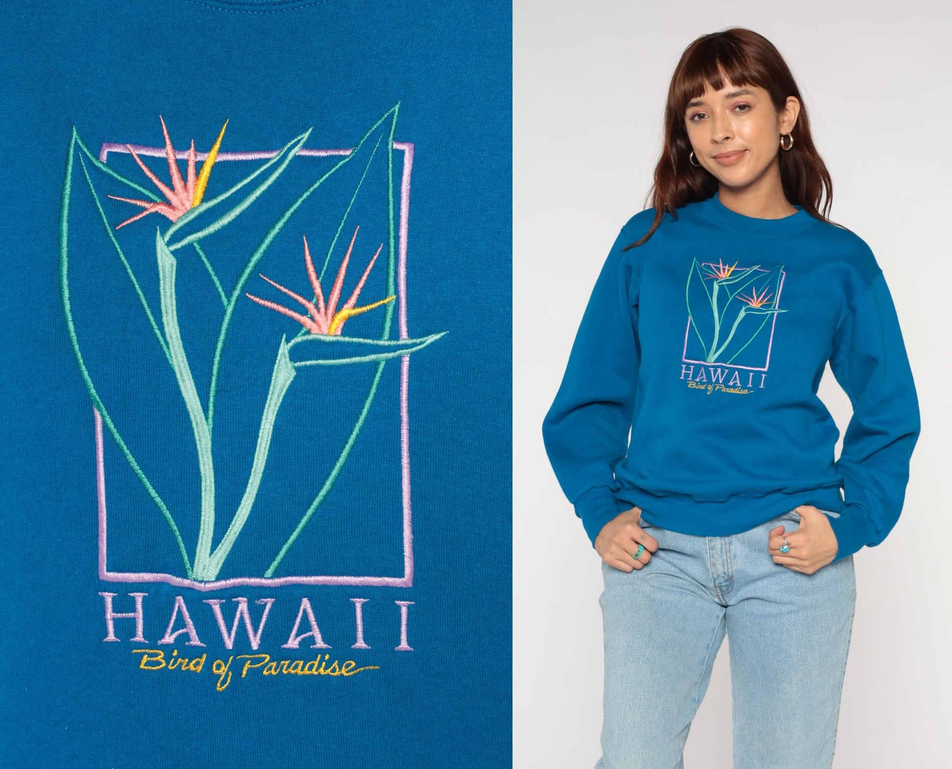90s Crazy Shirt Bird Of Paradise Hawaii Embroidered Sweatshirt Teal Small