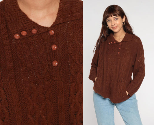 70s Rochelle California Brown Cable Knit Sweater Collared Medium M