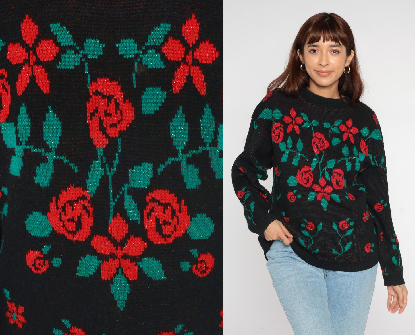90s Village Fair Black Floral Knit Sweater Red Rose Metallic Medium M