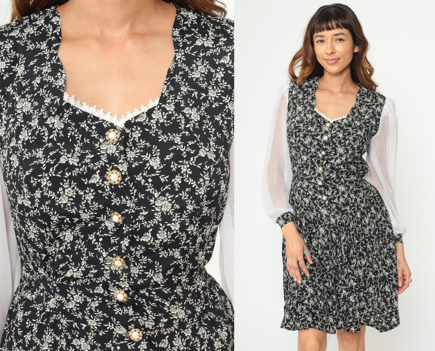90s Timing Black Floral Dress White Contrast Sleeves Pearl Buttons Knee Length Medium M