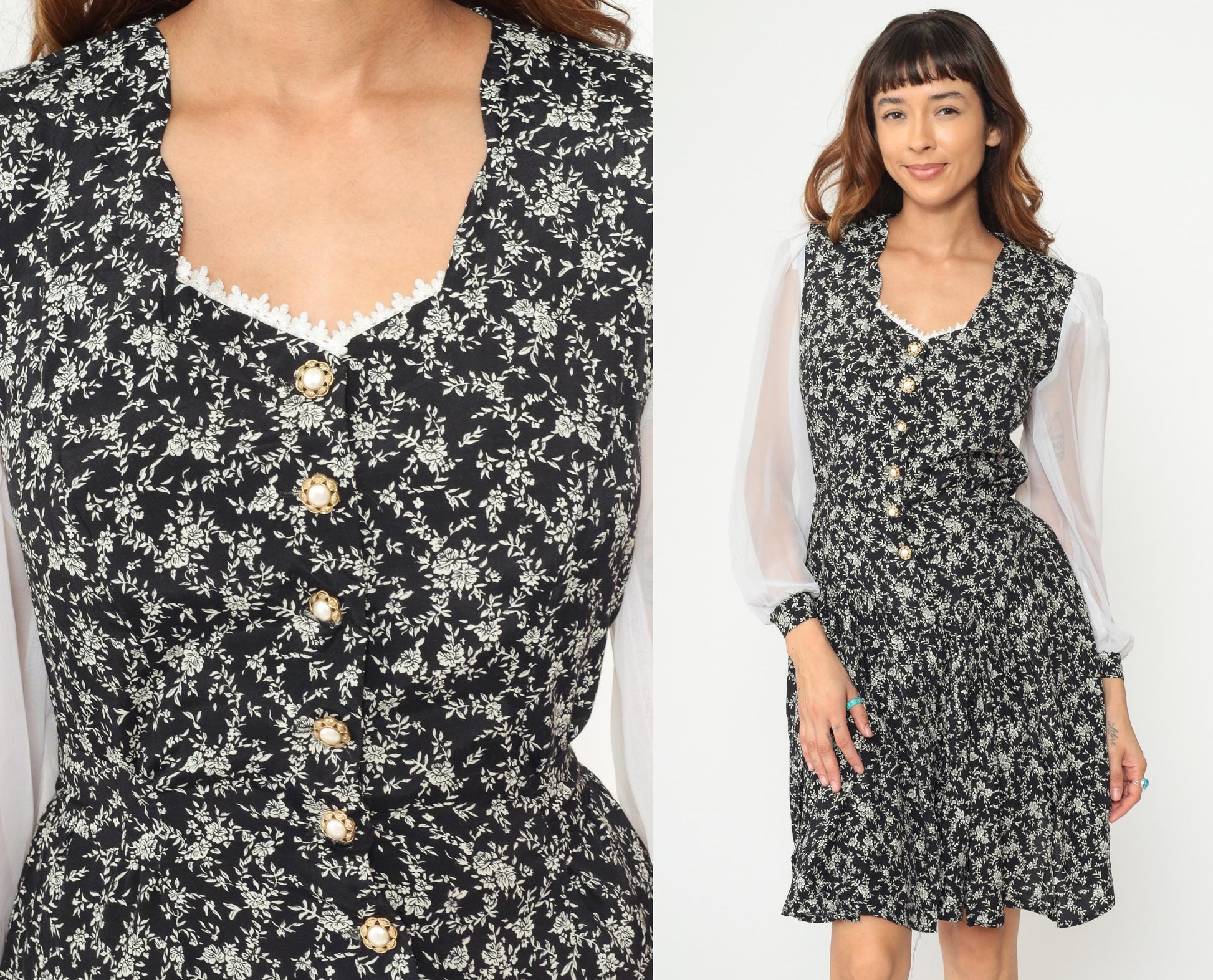 90s Timing Black Floral Dress White Contrast Sleeves Pearl Buttons Knee Length Medium M