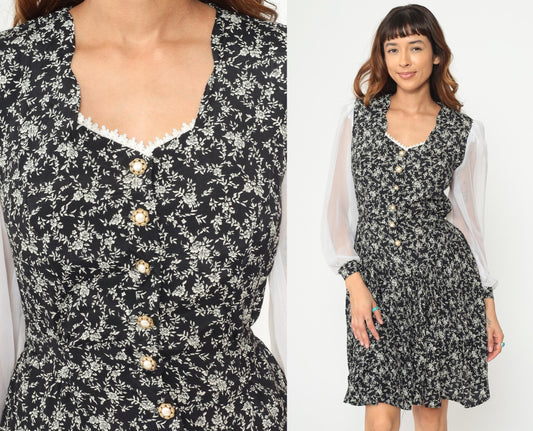 90s Timing Black Floral Dress White Contrast Sleeves Pearl Buttons Knee Length Medium M