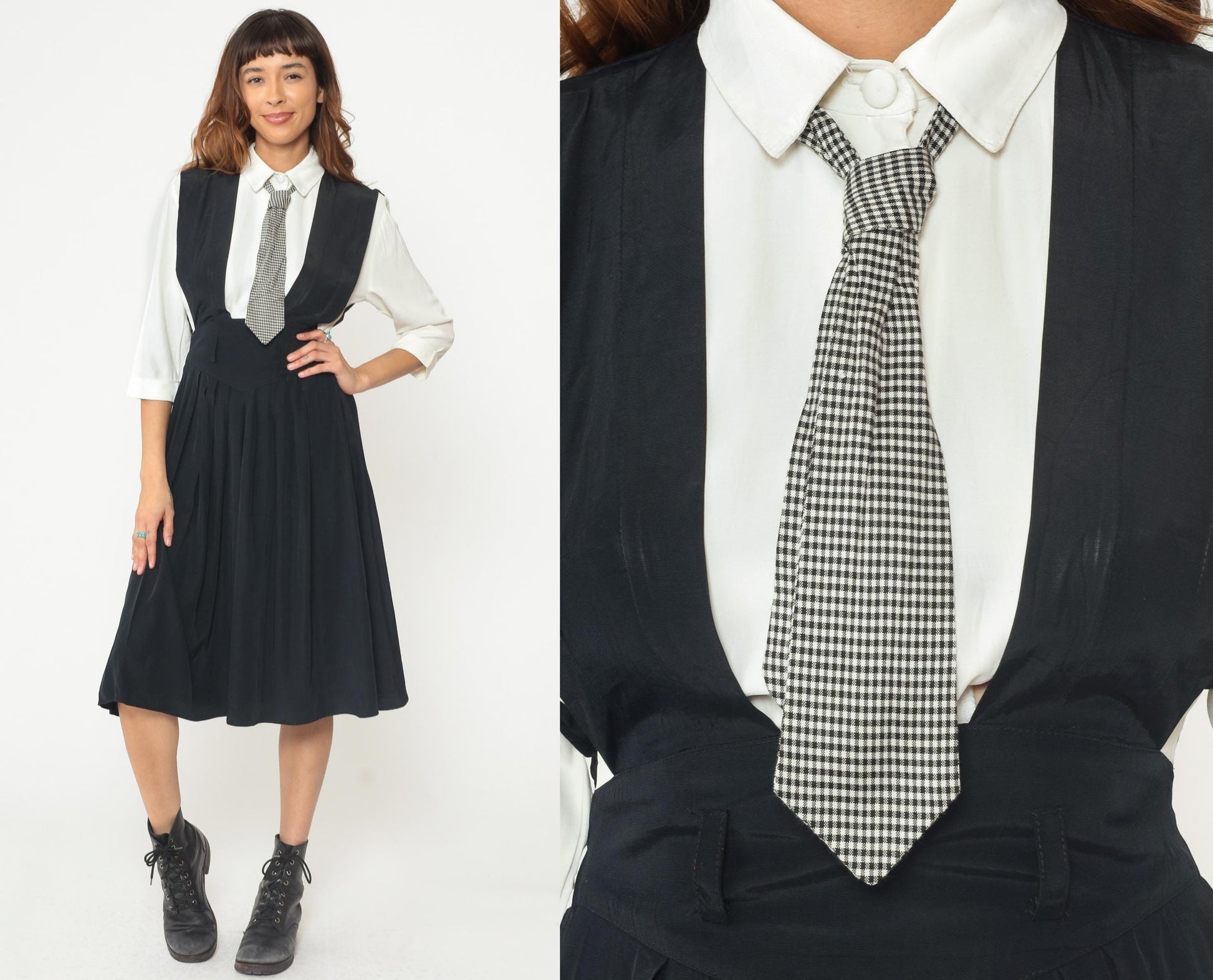 1990s Piccolino Petites Black Midi Jumper Dress Gingham Tie Attached Shirt XS