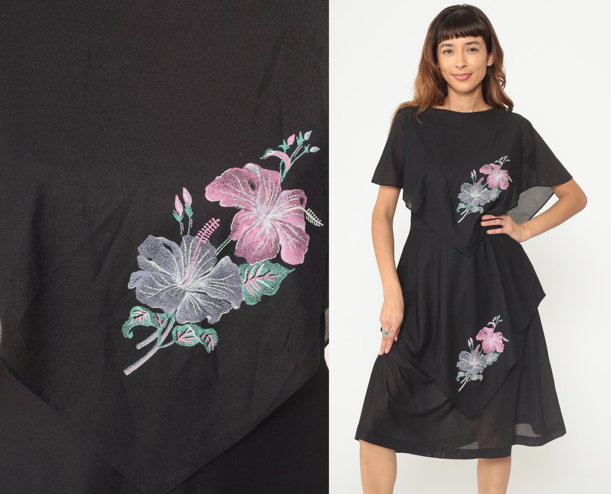 80s Black Tropical Floral Tiered Capelet Midi Dress Flutter Sleeve Medium