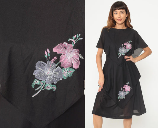 80s Black Tropical Floral Tiered Capelet Midi Dress Flutter Sleeve Medium