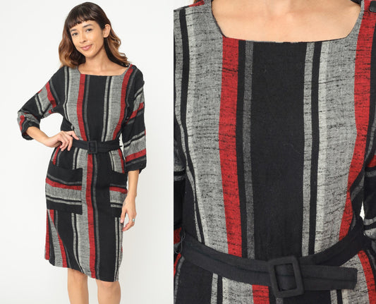 80s Vertical Stripe Midi Dress Red Black Grey Square Neck Wool Blend Medium
