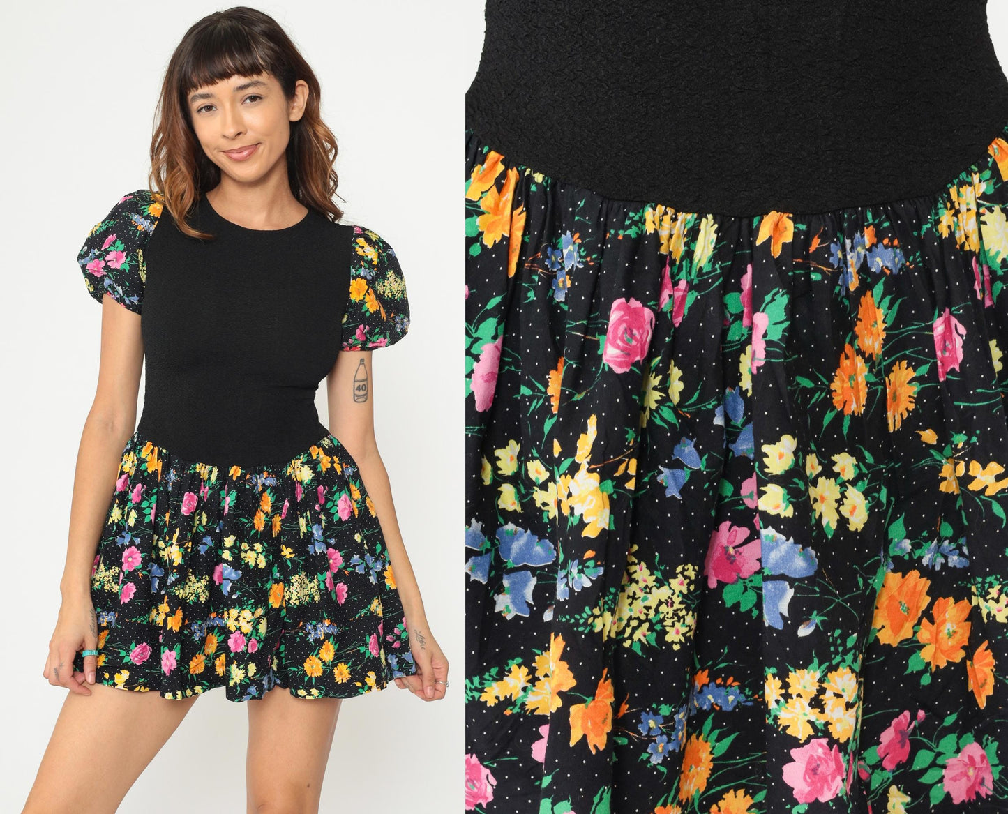 90s Amy Too Mini Dress Black Floral Polka Dot Puff Sleeve Drop Waist Extra Small XS