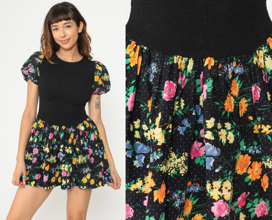 90s Amy Too Mini Dress Black Floral Polka Dot Puff Sleeve Drop Waist Extra Small XS