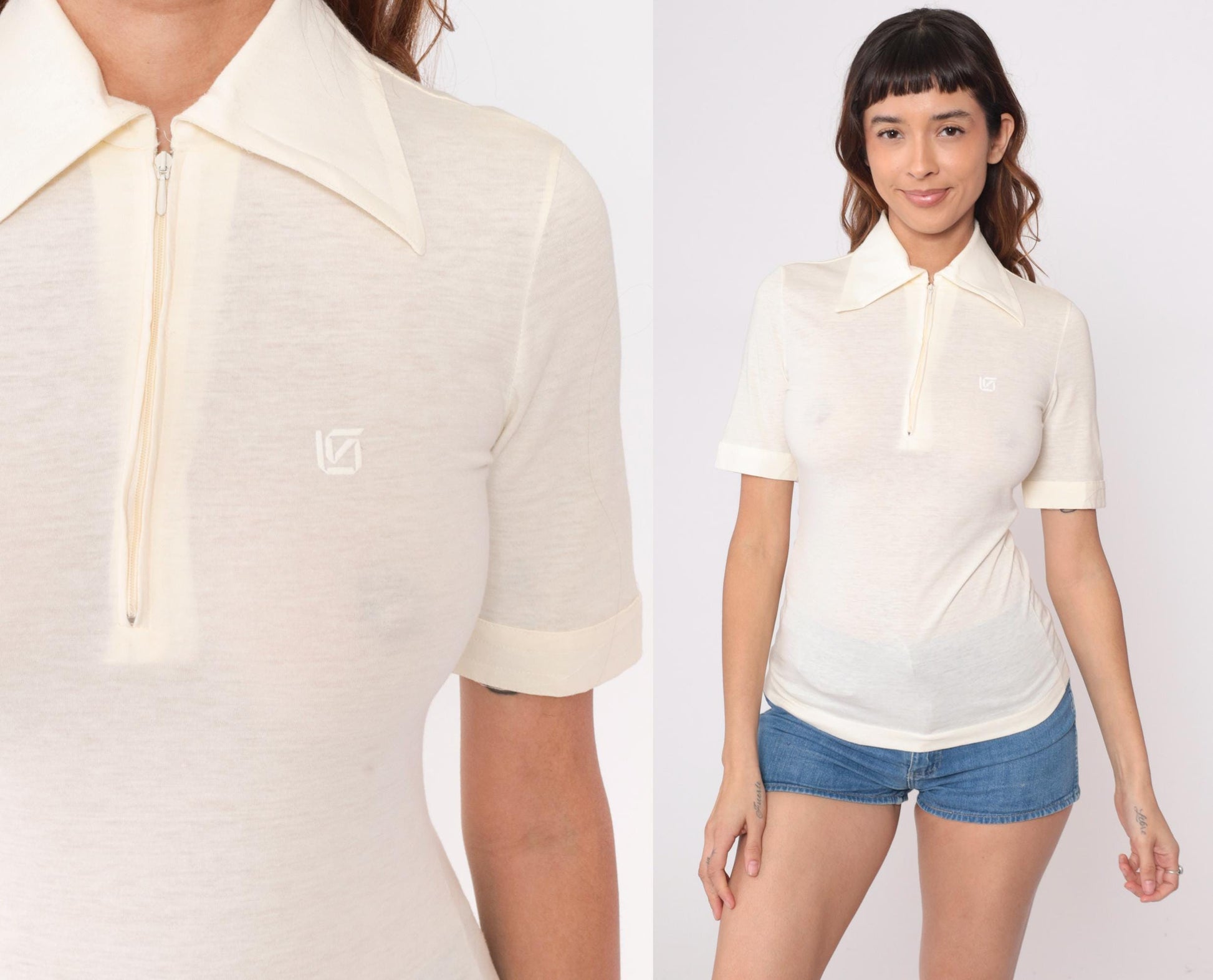 70s Cream Polo Shirt Half-Zip Pointed Collar Short Sleeve Small S