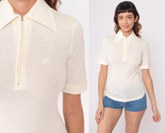 70s Cream Polo Shirt Half-Zip Pointed Collar Short Sleeve Small S