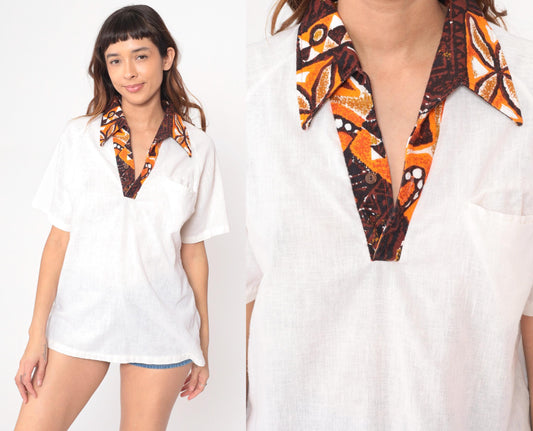 70s Kimolo Fashions Hawaiian Shirt Cream Cotton V-Neck Batik Collar Large