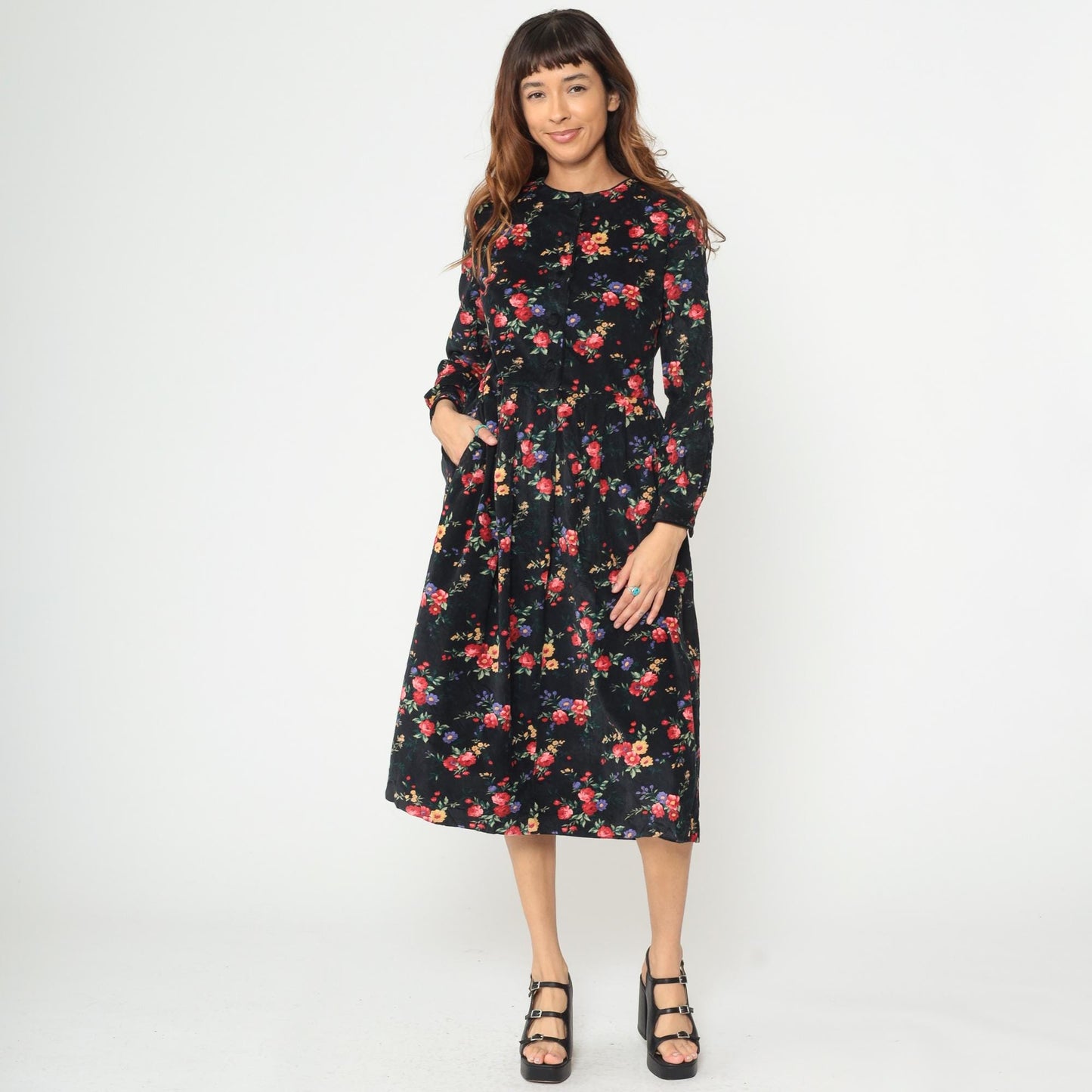 90s Talbots Floral Corduroy Midi Dress Black Button Front Long Sleeve Medium