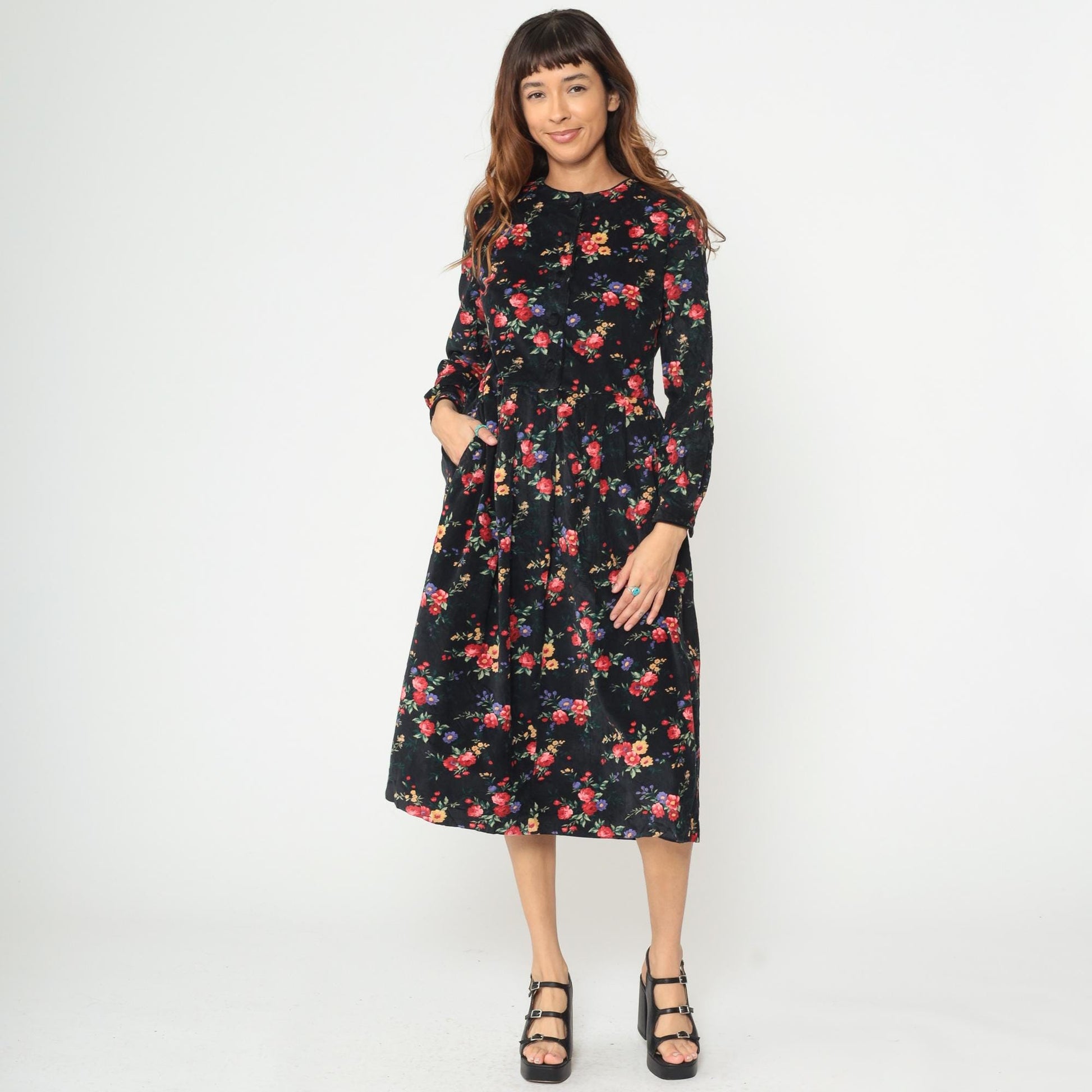 90s Talbots Floral Corduroy Midi Dress Black Button Front Long Sleeve Medium