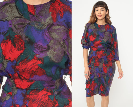 90s All That Jazz Floral Midi Dress Dolman Sleeve Rayon Purple Extra Small XS