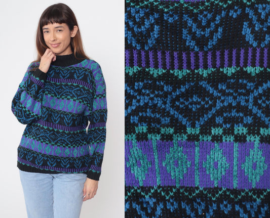 90s Fair Isle Mock Neck Sweater Purple Teal Geometric Nordic Small S