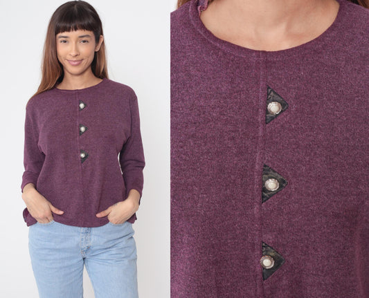 90s Purple Cotton Crew Neck Sweater Pearl Buttons Three-Quarter Sleeve Medium M