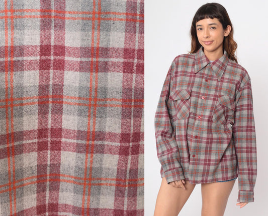 70s Royal Knight Wool Plaid Flannel Shirt Burgundy Grey Chest Pockets Extra Large