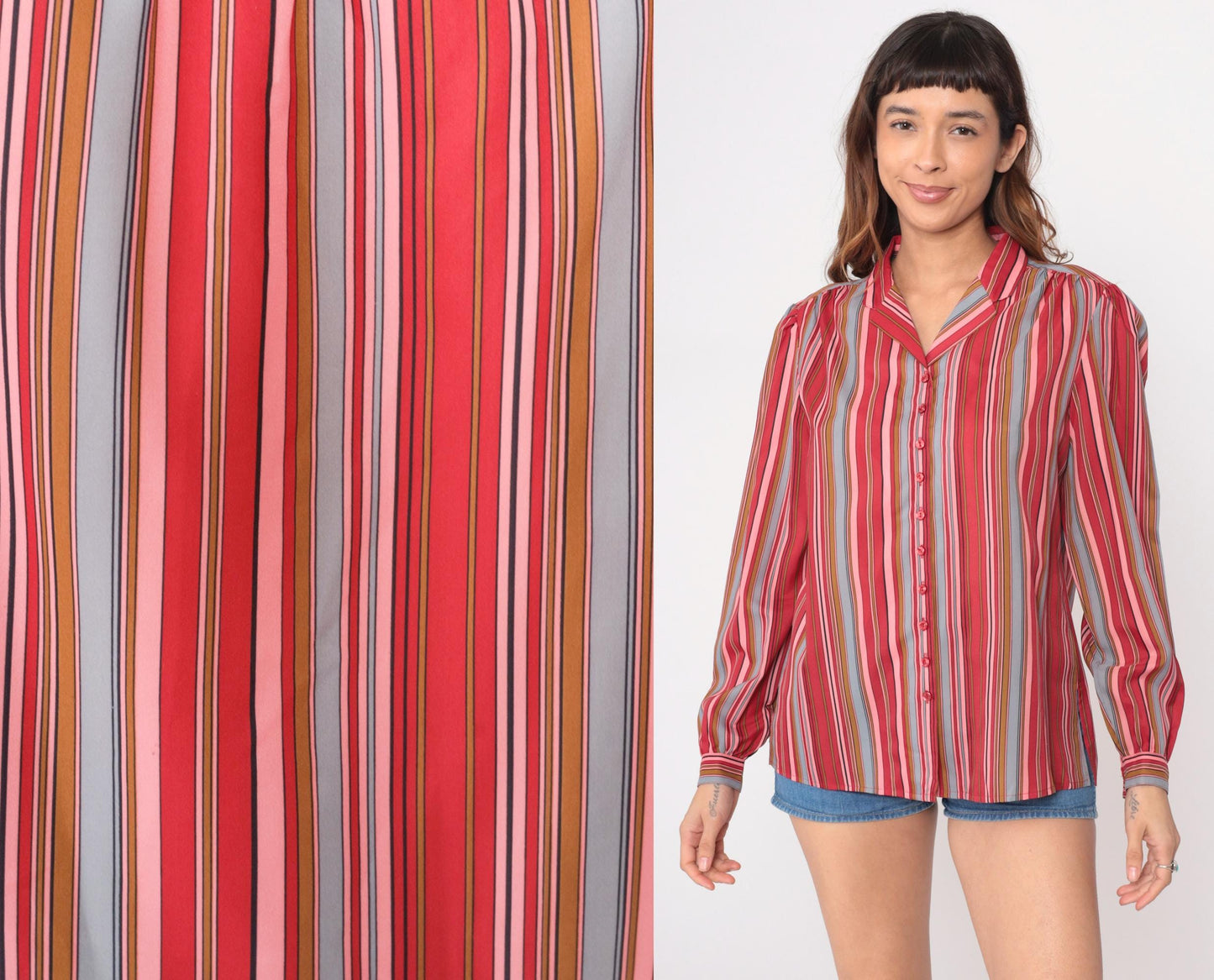 70s Pykettes Striped Button-Front Blouse Multicolor Vertical Stripes Large L