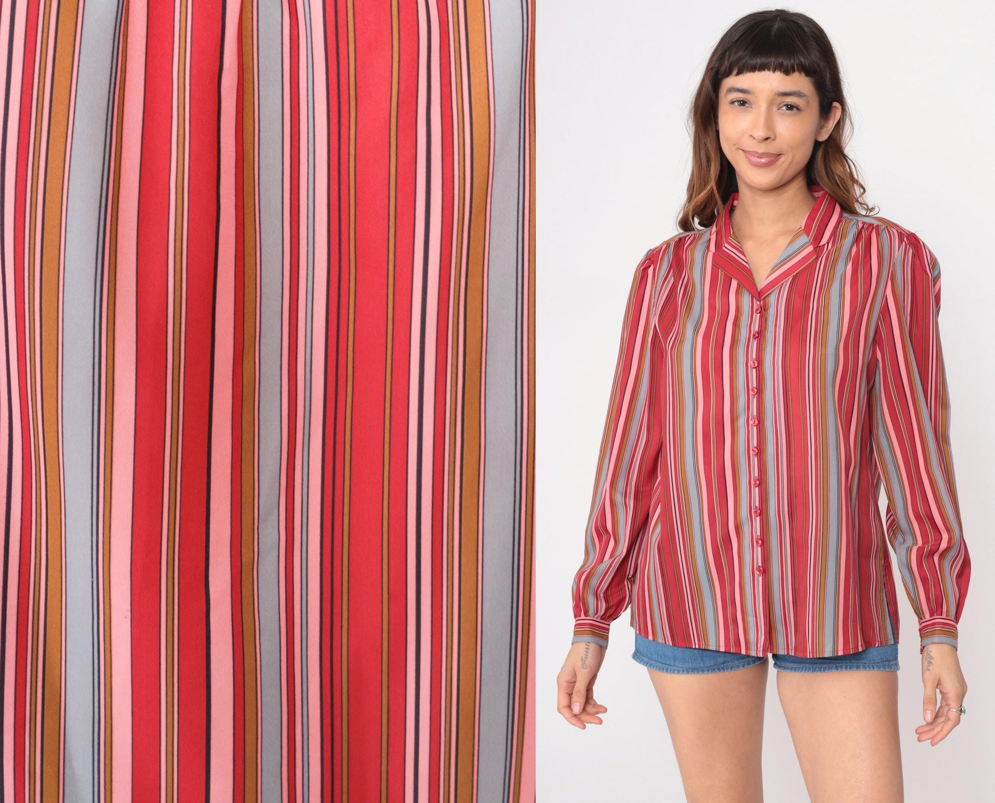 70s Pykettes Striped Button-Front Blouse Multicolor Vertical Stripes Large L