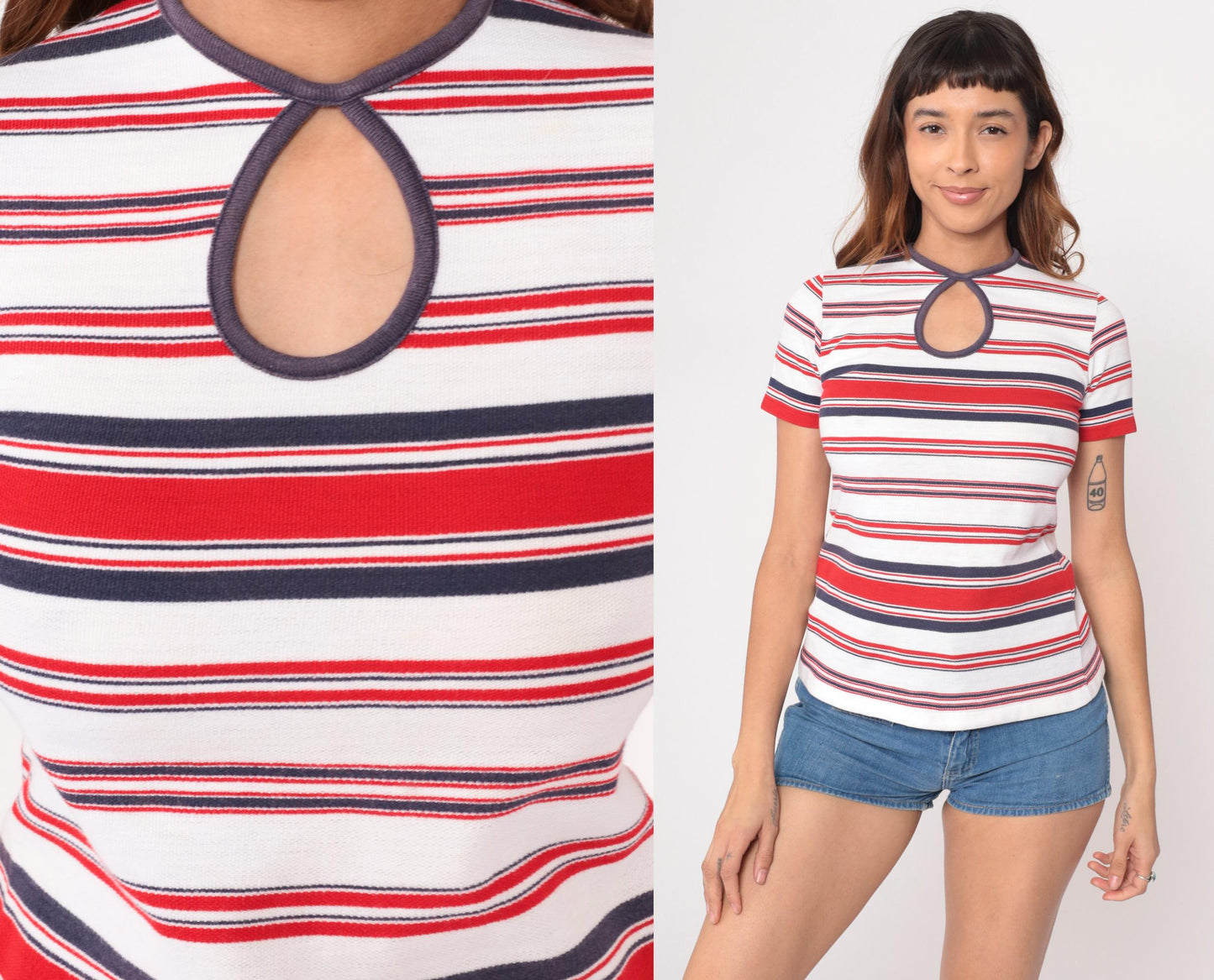 60s Carol Brent Striped Knit Top Red White Navy Keyhole Cutout Small