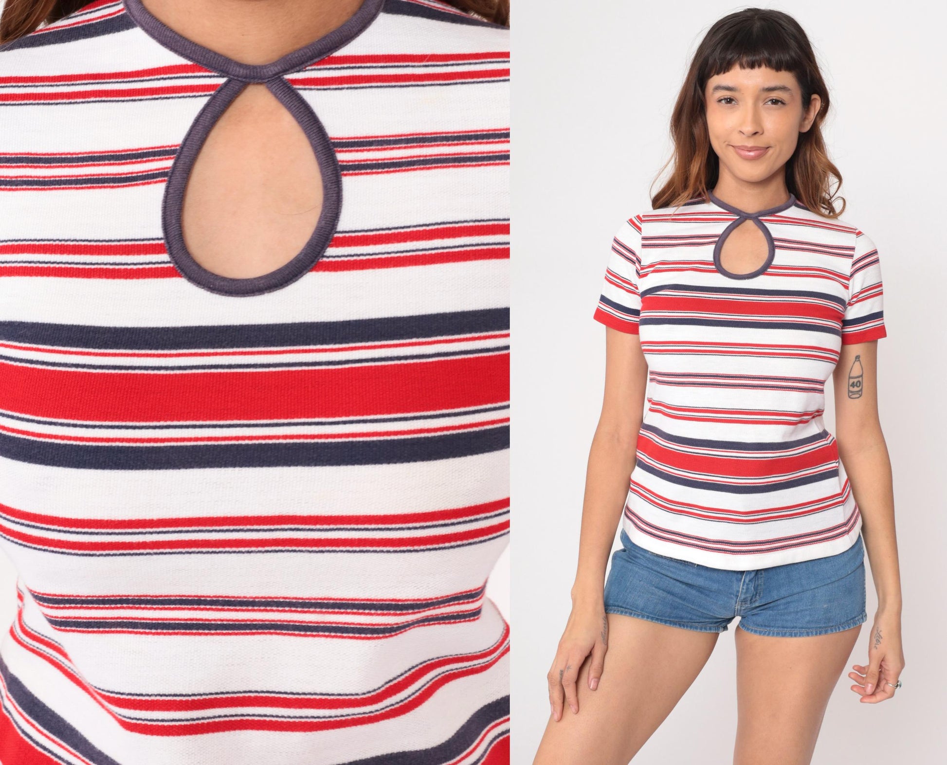 60s Carol Brent Striped Knit Top Red White Navy Keyhole Cutout Small