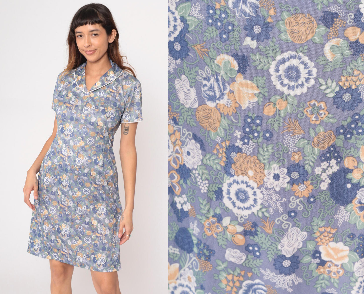 70s Floral Day Dress Blue Knee-Length Button Front Collared Botanical Print Medium
