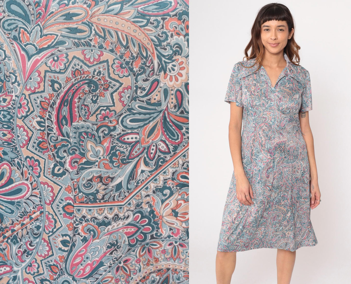 70s Paisley Zipper Front Dress Collared A-Line Blue Pink Cream Large L