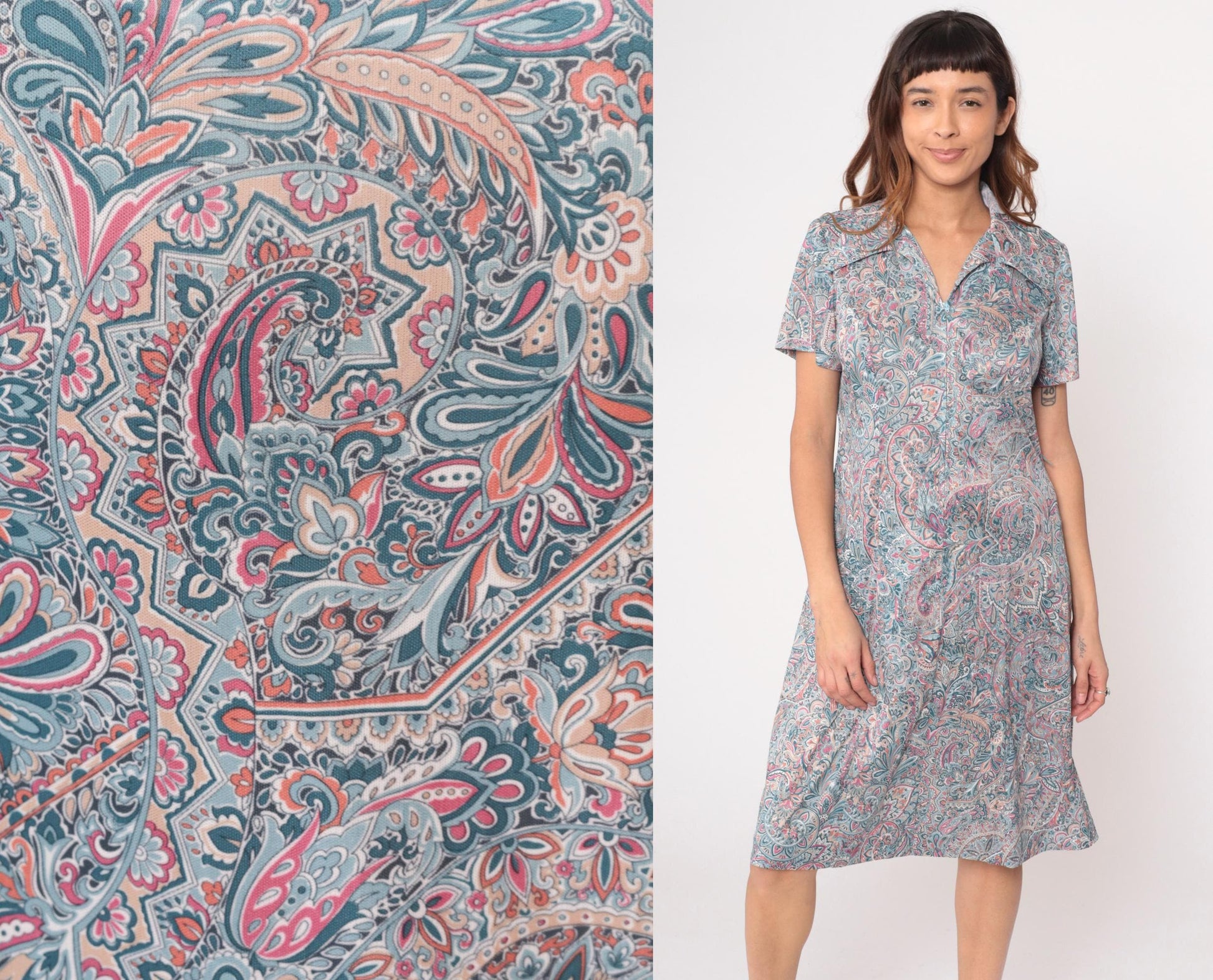 70s Paisley Zipper Front Dress Collared A-Line Blue Pink Cream Large L