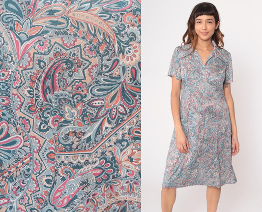 70s Paisley Zipper Front Dress Collared A-Line Blue Pink Cream Large L