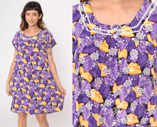 80s Purple Floral Rayon Shift Dress Rickrack Trim Yellow Flowers Large