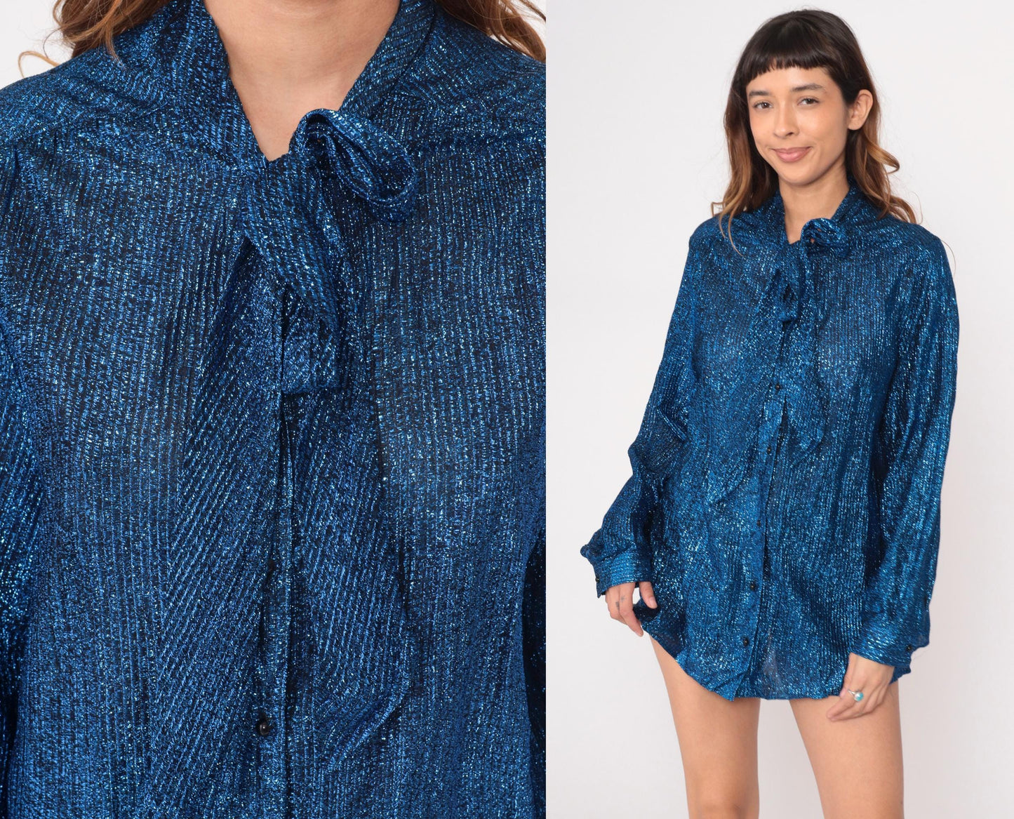 70s Metallic Blue Disco Shirt Long Sleeve Button Front Large L