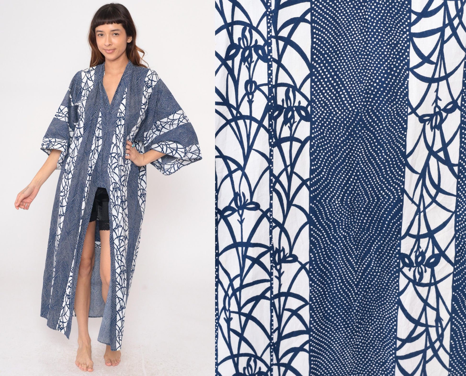 70s Navy Blue White Geometric Kimono Robe Maxi Cotton Wrap Large L