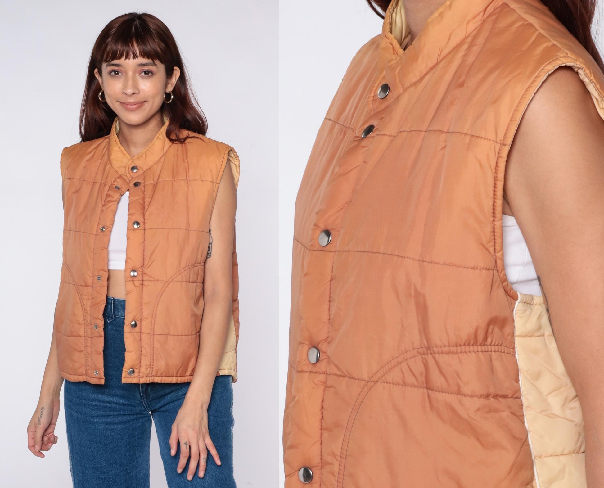 70s Sears Quilted Puffer Vest Peach Nylon Snap Closure Medium M