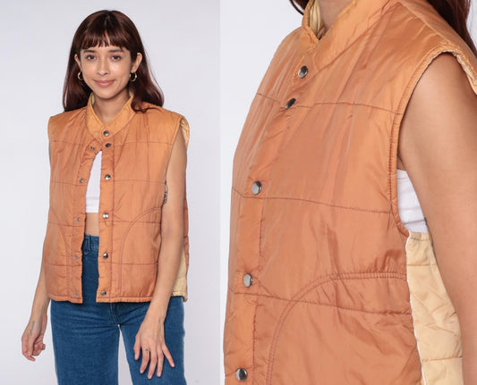 70s Sears Quilted Puffer Vest Peach Nylon Snap Closure Medium M