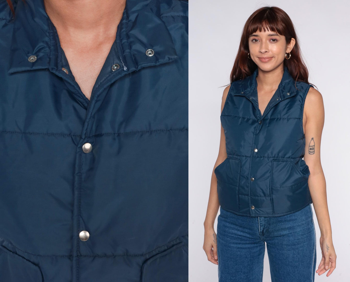 70s Pla-Jac Quilted Ski Vest Teal Snap Collar Sleeveless Medium