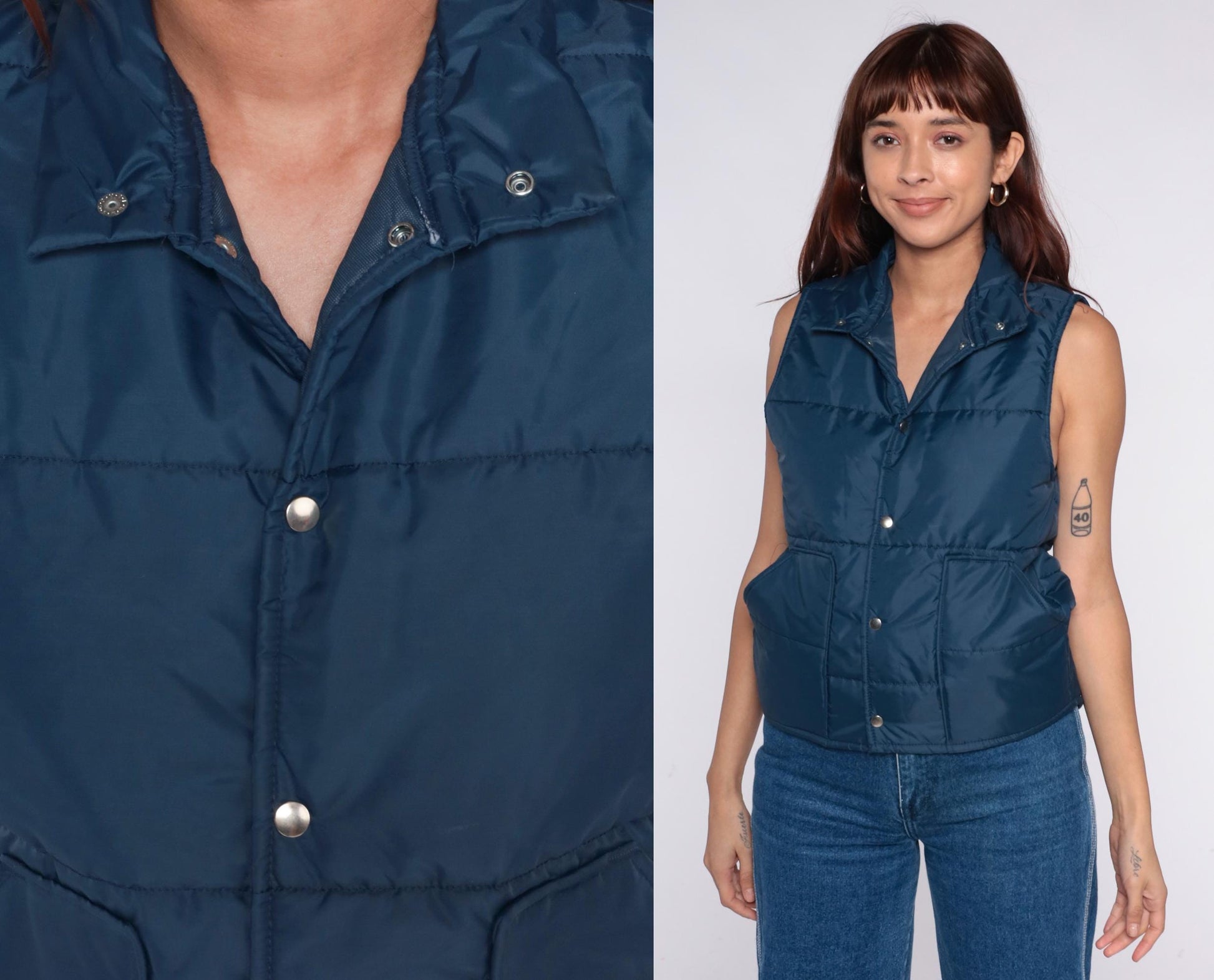 70s Pla-Jac Quilted Ski Vest Teal Snap Collar Sleeveless Medium