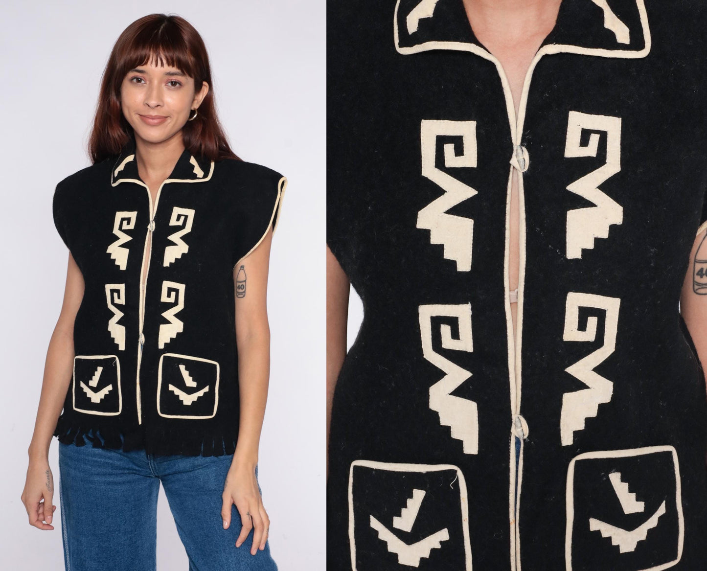 90s Black Southwestern Geometric Vest Collared Zip Front Medium M